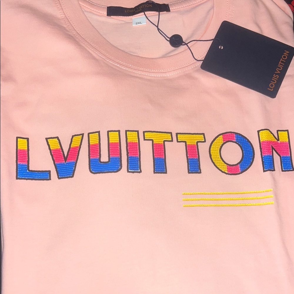 Louis Vuitton Pink Tee with Multicolor Embroidered LV Logo